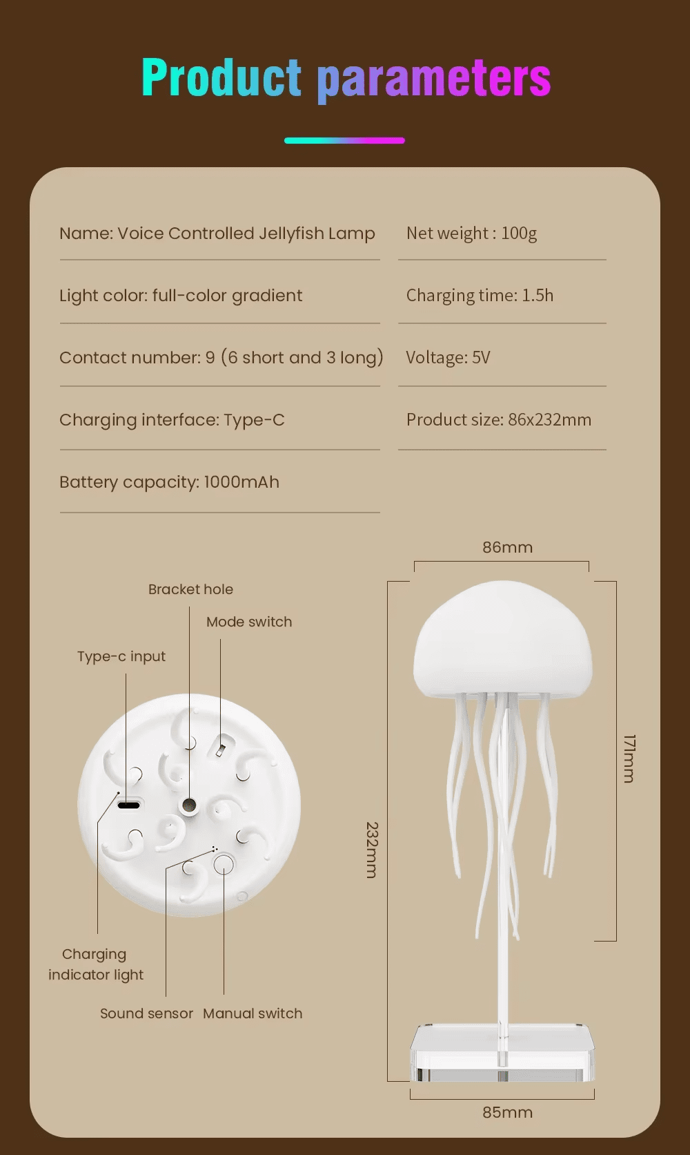 The jellyfish Atmosphere Light Voice Control Night Lights Lamp With Warm Light Full Color RGB LED Two modes Auto Rotate Tentacles Gradient Bedside Lamp Type-C