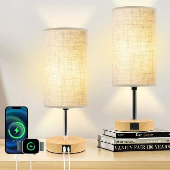 2-Piece Set Touch Table Lamp with USB Charging Port, 3 Way Dimmable Bedside Table Lamp, Wood Base, Round Linen Shade Desk Lamp for Bedroom Nightstand, Dorm, Living Room, Office (110-120V AC)