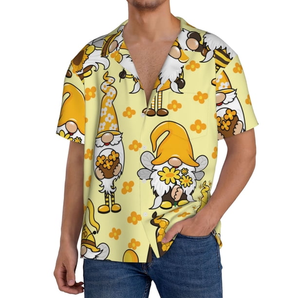 Fotbe Garden Honeybee Gnomes Camisa Estampada de Manga Corta para Hombre, Casual de Verano, Estilo Playero, Sin Arrugas-3X-Large