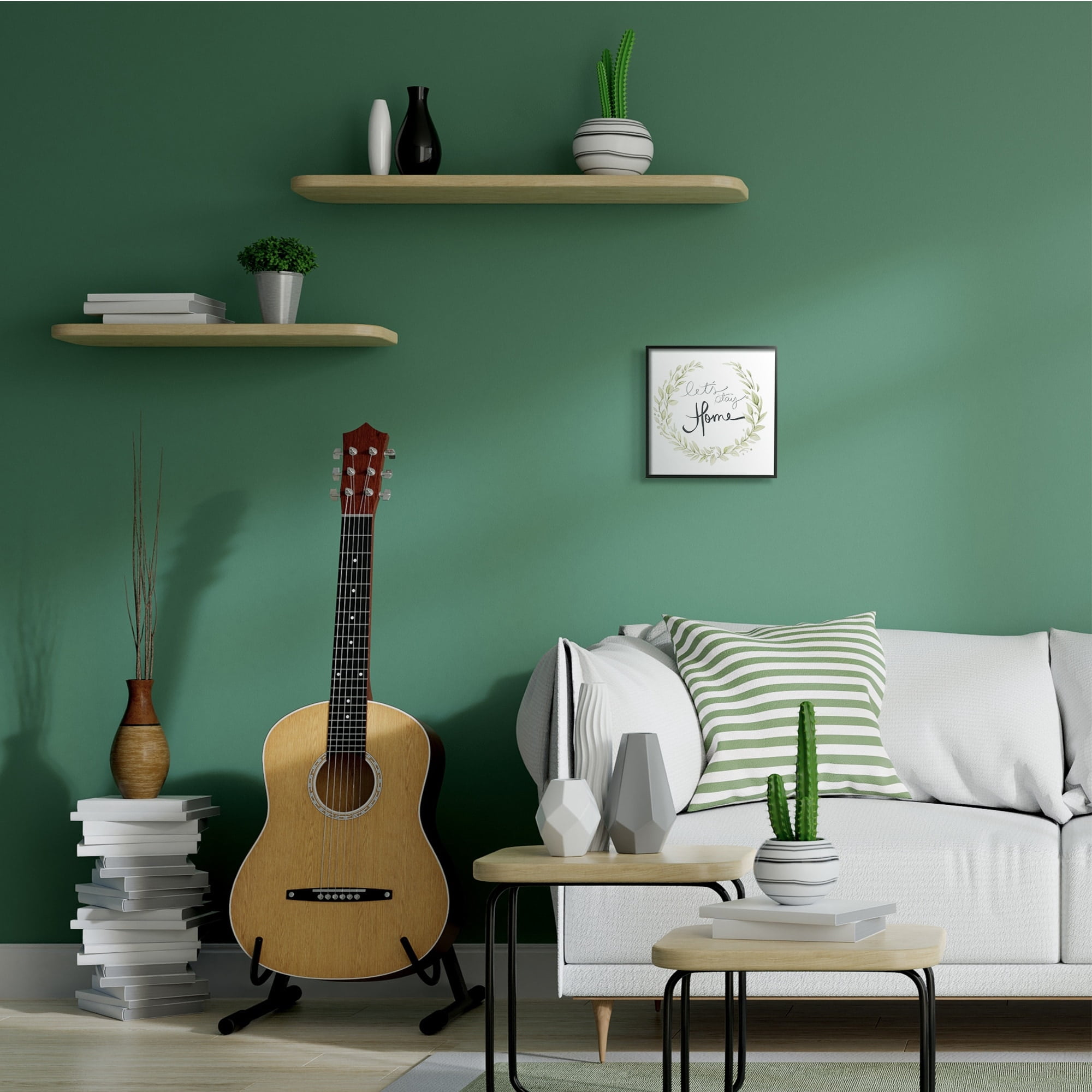 Stupell Industries Let's Stay Home Phrase Soft Green Foliage,12 x 12,Designed by Janice Gaynor