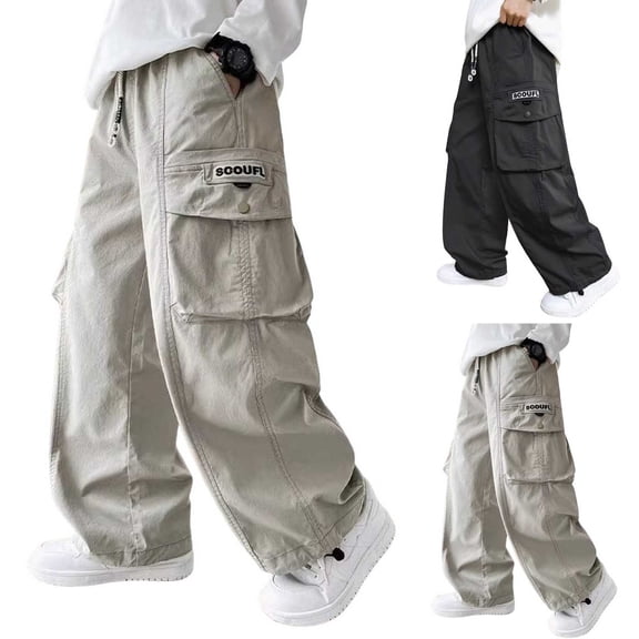 HOMADLES Teen Boys Baggy Cargo Pants 14-15 Straight Fit Solid Jogger Sweatpants Multi-pocket Casual Pants Beige Size 130