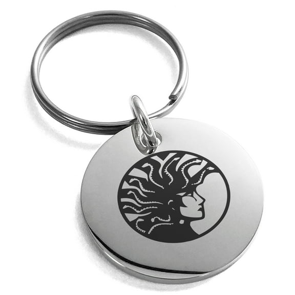 Stainless Steel Greek Mythology Medusa Engraved Small Medallion Circle Charm Keychain Keyring