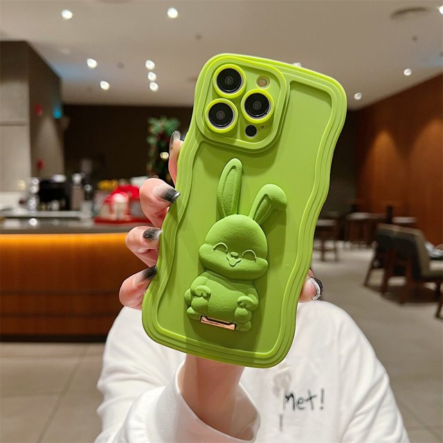 Funda con soporte de conejo de dibujos animados para iPhone, carcasa de silicona suave con ondas rizadas para iPhone 11, 13, 12, 14 Pro Max, 7, 8 Plus, X, Xs, Max, Xr, SE, 2, 3 Fivean unisex
