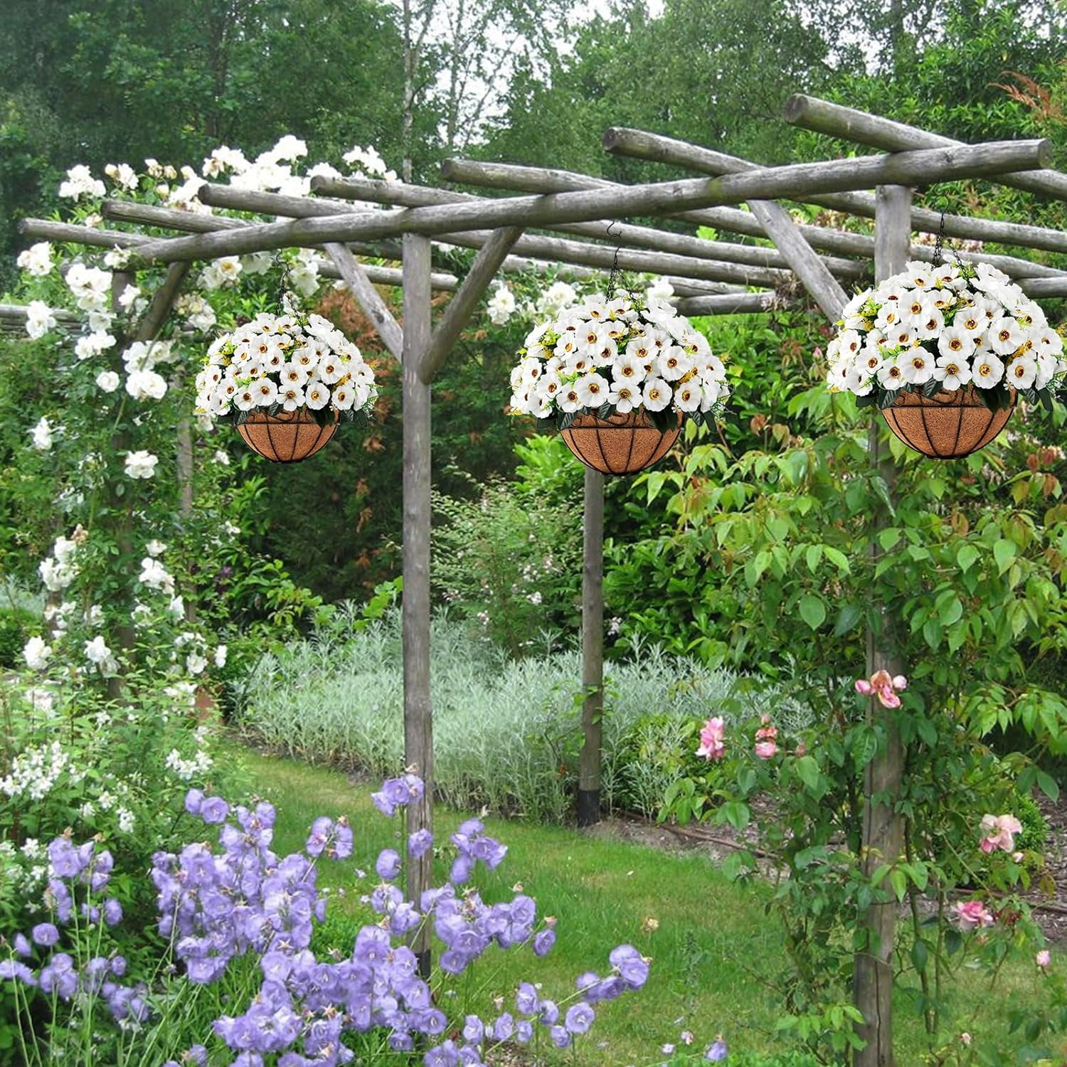 Artificial Fake Hanging Flowers with Basket, Faux Silk Morning Glory Flower Arrangement for Spring Summer Decor, Hanging Plant for Patio Garden Porch Outdoor Decor