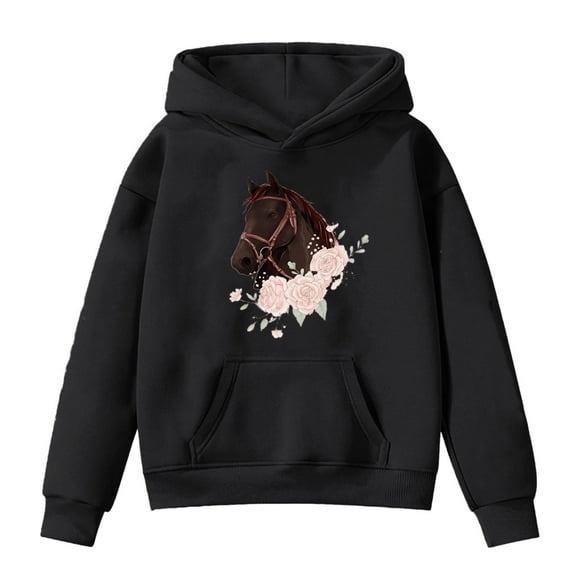 Kiijoy Toddler Girls Horse Hoodie Cozy Hooded Sweatshirt Loose Long Sleeve Hoody