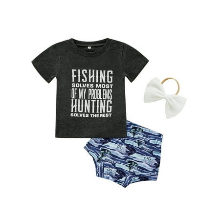 

Livingsenburg Infant Kids Baby Girls Summer 3Pcs Outfit Sets Short Sleeve Letter Print T-shirt Shark Print Shorts Headband