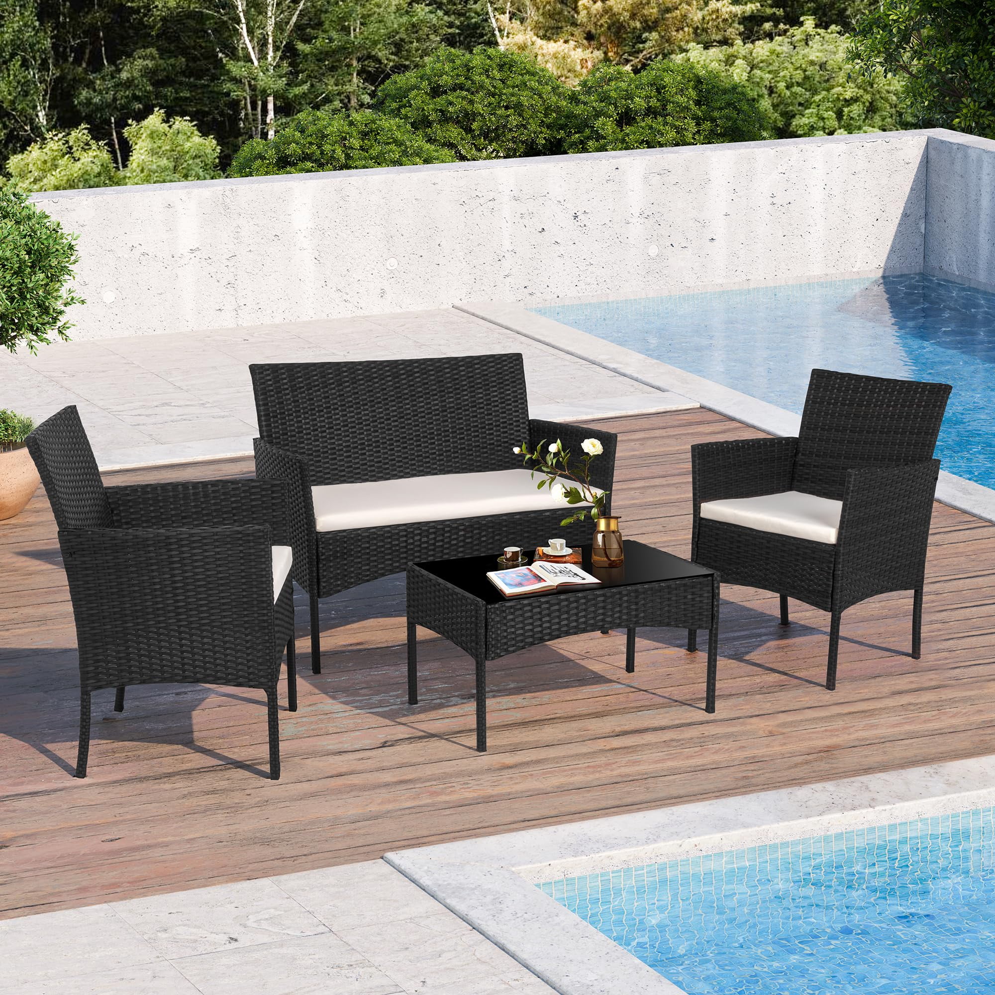 YIORTWO 4-Piece Outdoor Patio Furniture Set, Wicker Sofa Set with Thick Cushions, All-Weather Rattan Deep Seating Set with Tempered Glass Table, Black