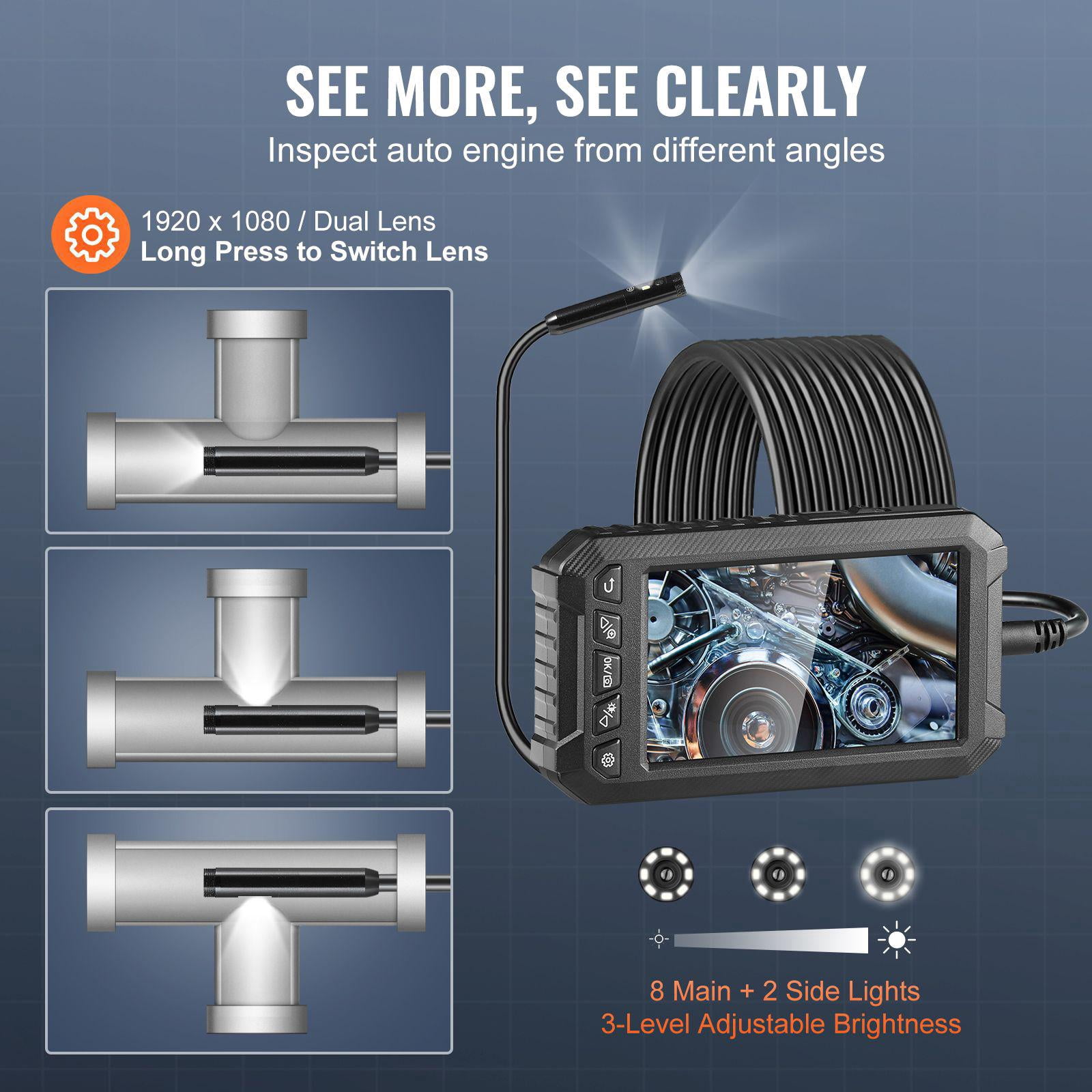 Endoscope Camera with Light Triple Lens Industrial Borescope 5 Inch Screen 1080P Inspection Camera 8 Plus 2 Lights IP67 Waterproof Snake Camera for Automotive Plumbing 16.4FT Cable 32GB Card