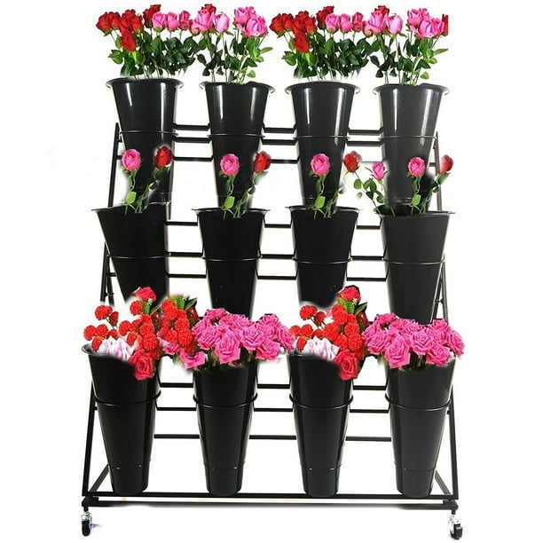 Flower Display Stand Shelf, 3 Layers metal floral rack Plant Shelf with 12 Buckets,Moving flower