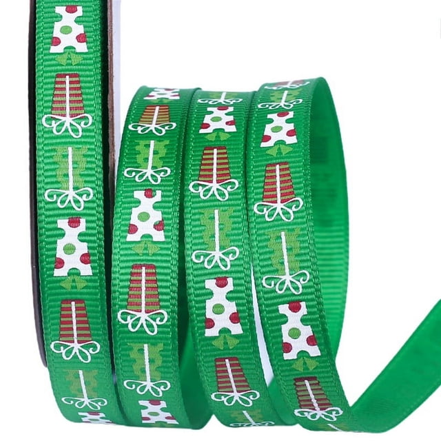 7 Rolls 25 Yards 3/8 Inch Gift Box Printing Christmas Red Green White Grosgrain Ribbon Roll for DIY Wrapping Party Decor