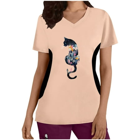 

Going Out Tops for Women Womens Cute Cats Printed Splicing Shirts Short Sleeve Tops V Neck Sport Scrubs Pullover
