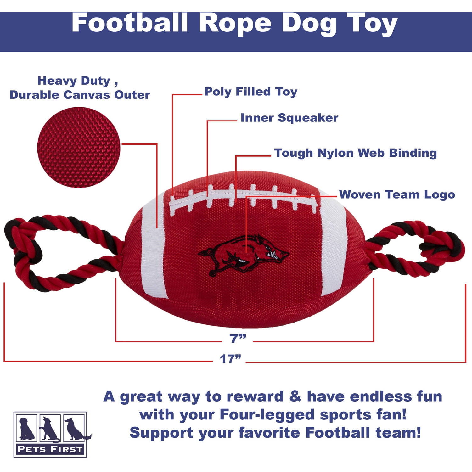 Pets First Collegiate Arkansas Nylon Football-Licensed