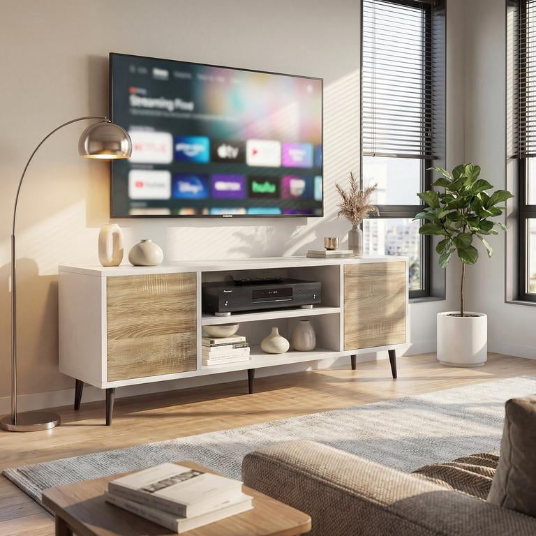 Lacoo 58'' TV Stands for TVs up to 65'', Entertainment Center with 2 Storage Cabinets & Adjustable Shelves, TV Media Console Table for Living Room, White