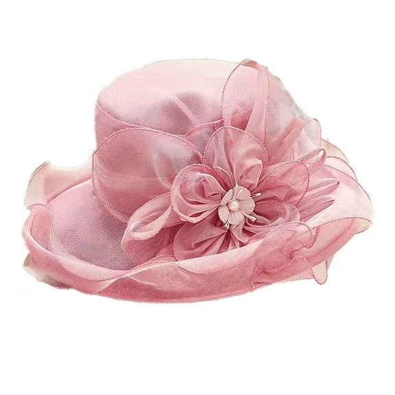 HEVIRGO 2PCS Women Top Hat Elegant Organza Flower Hat Wide Brim Outdoor Beach Hat Foldable Sun Hat Evening Retro Style Party Banquet Clothing Accessories,Pink
