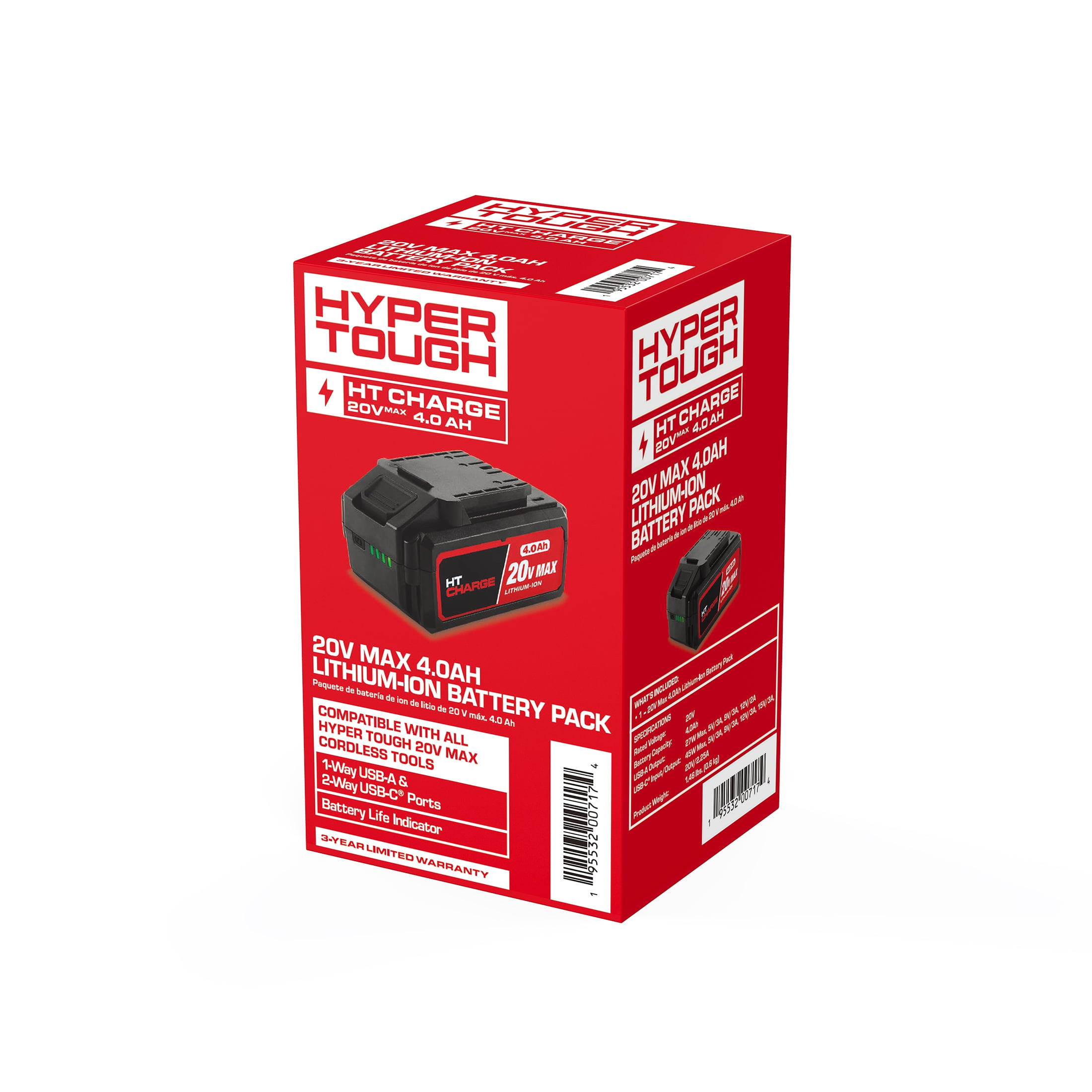 Hyper Tough 20V Max 4.0Ah USB A+C Lithium-Ion Battery Pack, HY5601050516016