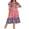 thumbnail image 1 of Robe Longue Femme Manches Courtes Col en V Robe Fleurie avec Ceinture, 1 of 8