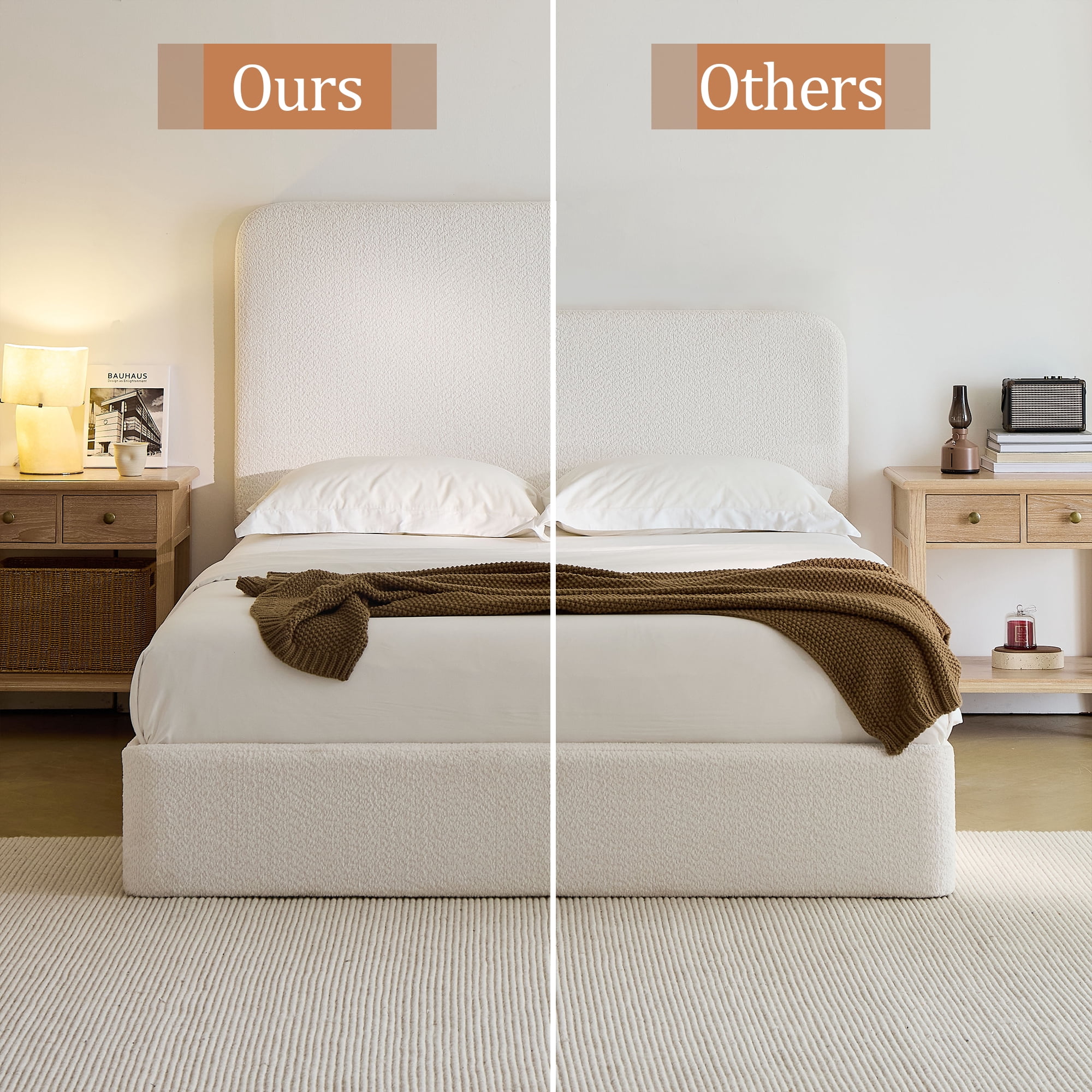 Miniyam King Upholstered Platform Bed Frame with 52" Tall Headboard, Chenille Bed with Wooden Slats, No Box Spring Required, White