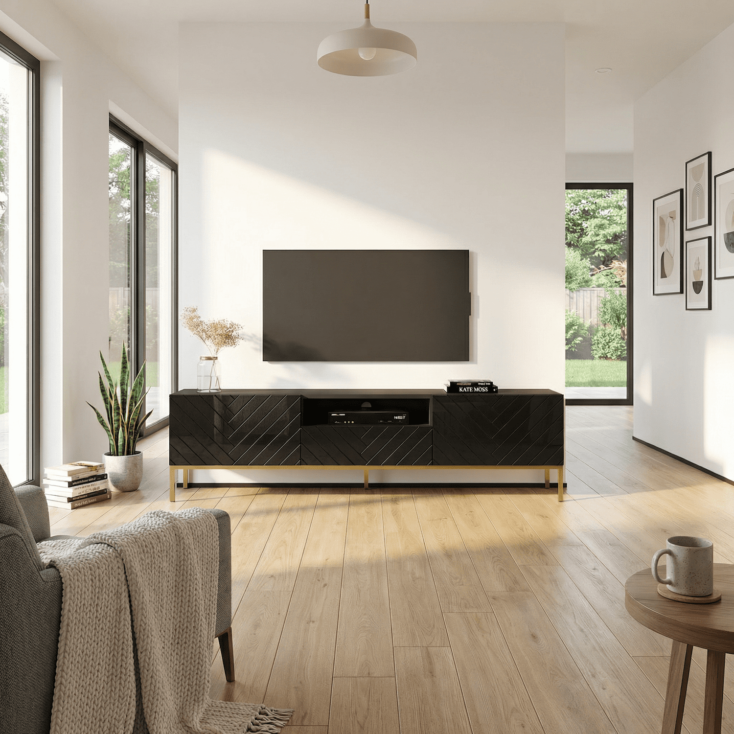 Gala 01 TV Stand for TVs up to 85", Mid-Century Modern High Gloss 75" Entertainment Center, TV Media Console with Storage Cabinets