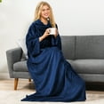 thumbnail image 2 of PAVILIA Navy Blue Fleece Wearable Blanket with Sleeves for Adults Women Men, Soft Warm Full Body Wrap Throw, Sweatshirt Pocket, Cozy Pullover Robe Blanket with Arm, Gifts for Christmas Mom Wife, 2 of 9