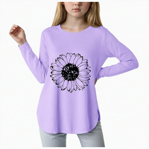 HCNTES Long Sleeve Shirts Kids Curve Hem Side Slit Soft Tunic Tops Girls Fashion T Shirts 5 14 Years(Purple#@12,13-14 Years)