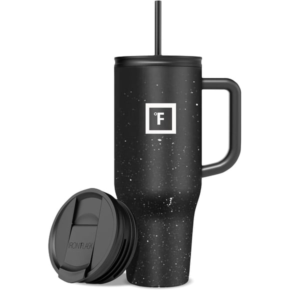 IRON FLASK ° Co-Pilot Tasse Isotherme avec Paille et Couvercles à Rabat - Porte-Gobelet Bouteille pour Boisson Chaude, Froide - Étanche - Eau, Café Gobelet de Voyage Portable - Moucheté Noir, 40 Oz