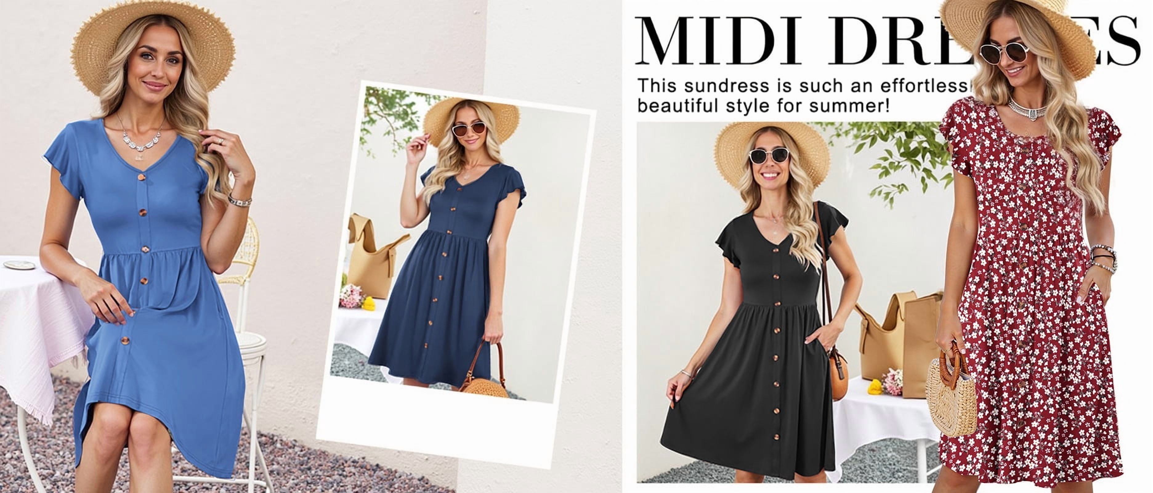 Fantaslook Women Summer Dresses V Neck Ruffle Sleeve Casual Flowy Sundresses Button Floral Midi Dress with Pockets