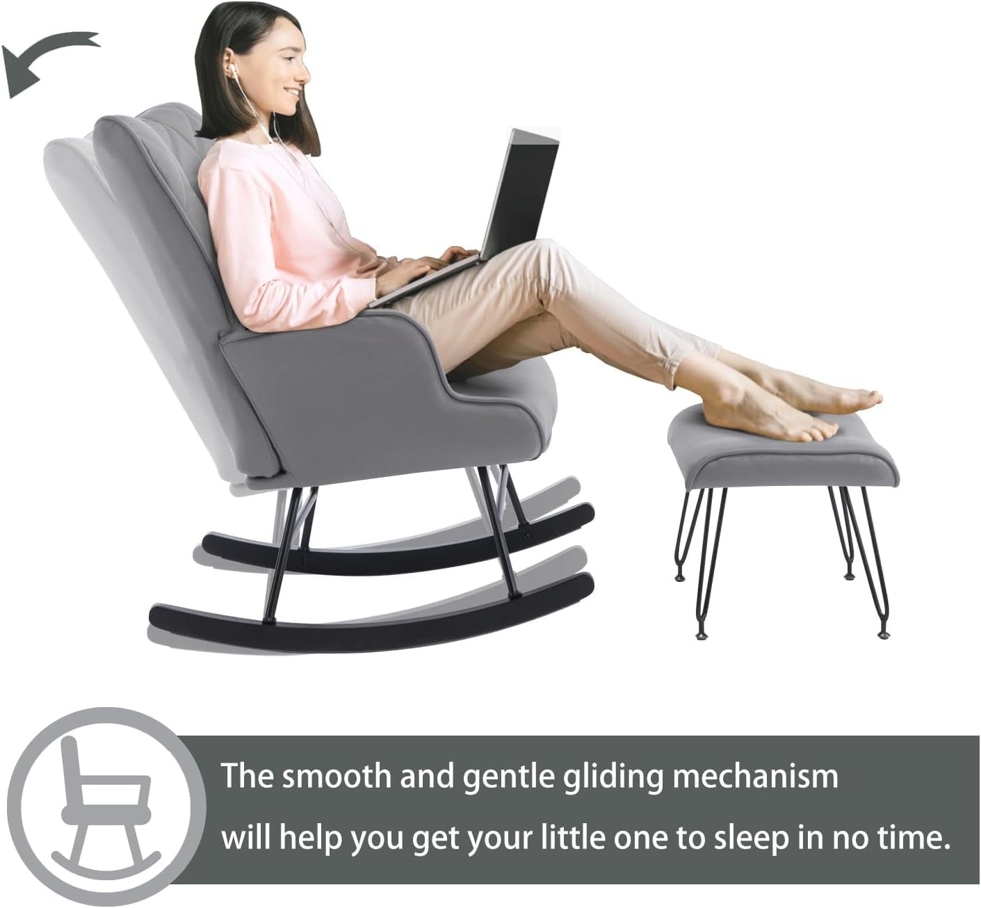 AIWOEN Modern Upholstered Rocking Chair with Ottoman – High Back Glider for Nursery, Living Room, or Bedroom – Comfortable Armchair with Lumbar Support & Sturdy Wood Rockers (Grey Fabric)