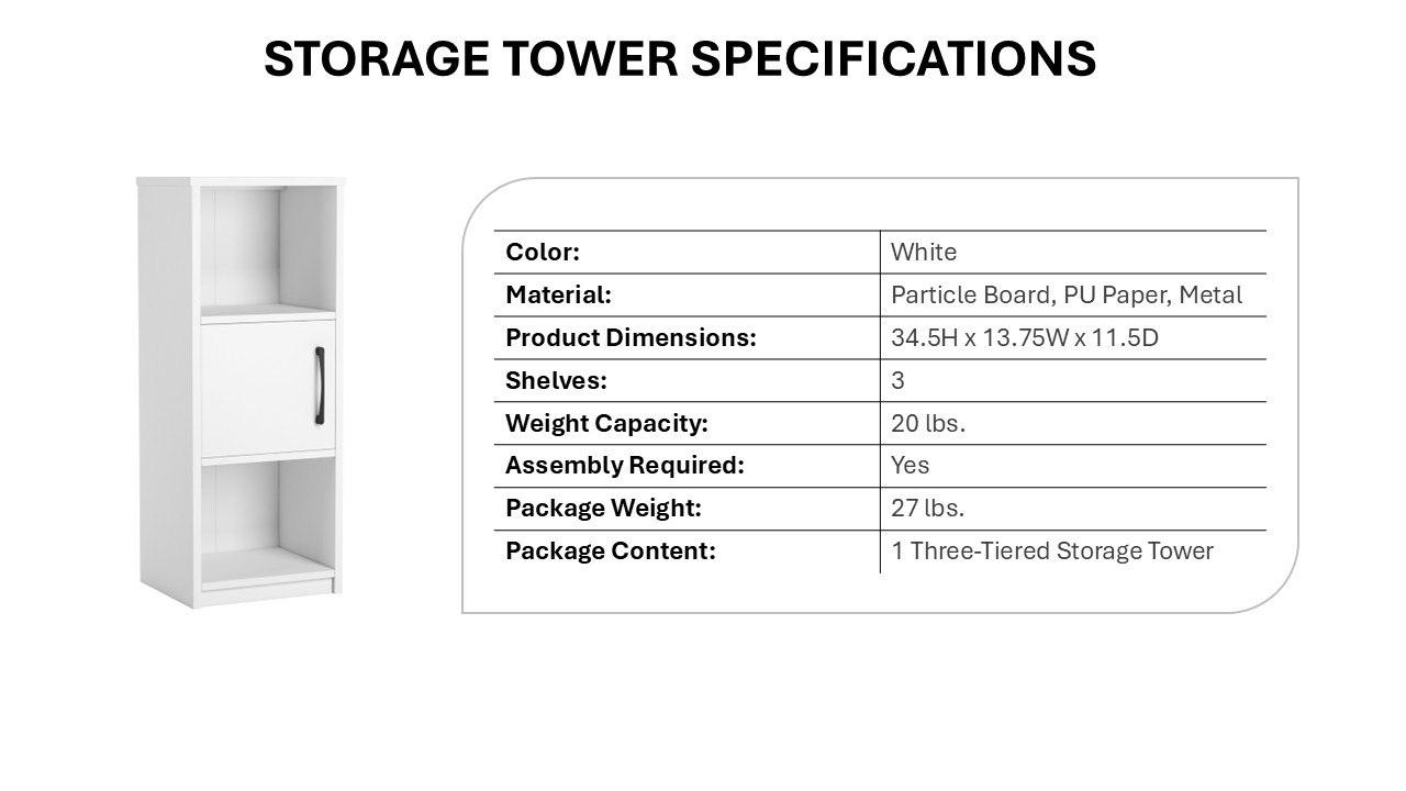 MAINSTAYS ARDENT 3 TIER STORAGE TOWER WITH DOOR AND OPEN SHELVES IN WHITE