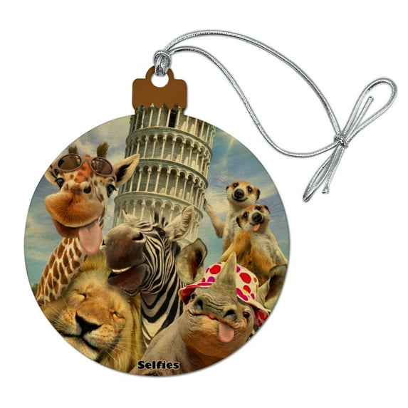 Leaning Tower Pisa Italy Selfie Giraffe Zebra Lion Rhino Wood Christmas Tree Holiday Ornament