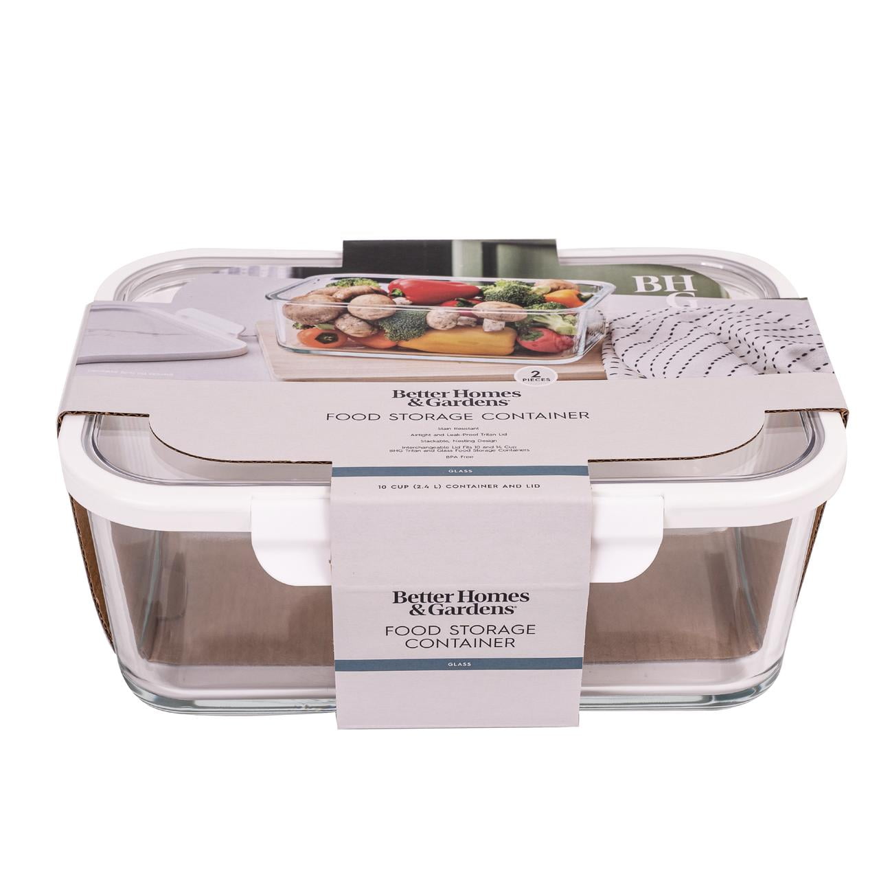Better Homes & Gardens 10Cup Rectangle Glass Food Storage Container with Tritan Lid. Set of 1, 2 Pieces, A Practical Choice for Dry Goods and Bulk Ingredients
