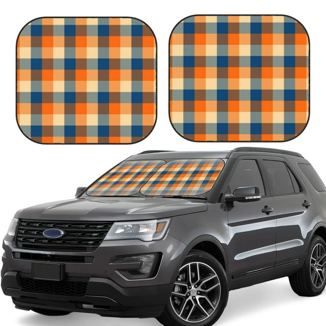 Saiise Warm Orange Plaid for Foldable Car Sun Shades (2-Pack) Offer Sun Protection with an Easy-fold Design for Convenient Windshield Shading-Small