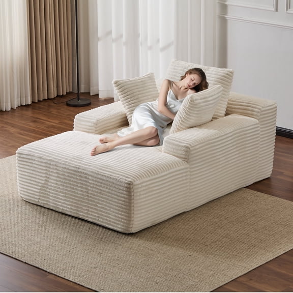 Kosynda 47" Wide Oversized Chaise Lounge Chair Indoor with Upholstered Corduroy for Living Room, No Assembly Required, White