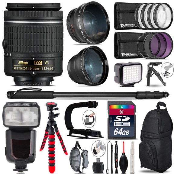 Nikon AF-P 18-55mm VR + Pro Flash + LED Light + Tripod - 64GB Accessory Bundle