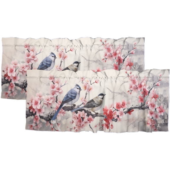 Cherry Blossom Curtain Valances Asian Decor Spring Trees Branch Birds Window Treatment for Living Room Bedroom Bathroom 54 by 18 in, 2 Panel