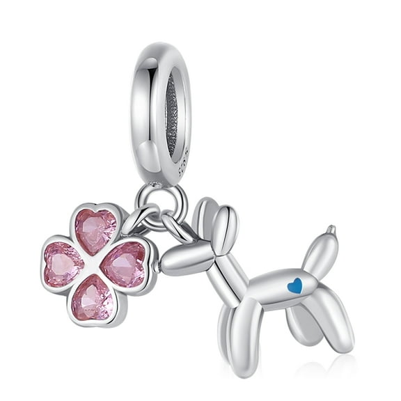 925 Sterling Silver Sausage Dog Pink Clover Dangle Charm For Bracelets