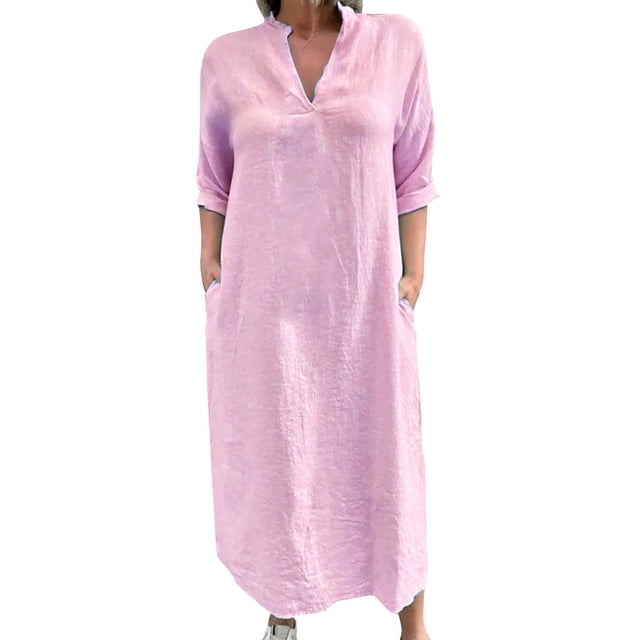 Hyknon Womens Robe Maxi Fluide en Coton d'Été à Manches Courtes, Col en V, Robe de Plage, Taille Empire, Bohème, à Volants, Grande Taille, Robe Débardeur, Décontractée, Ample, Longue, P-5TG