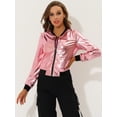thumbnail image 3 of INSPIRE CHIC Blouson Bomber à Fermeture à Glissière Léger Métallique à Col Montant Holographique pour Femme Roses TP, 3 of 5
