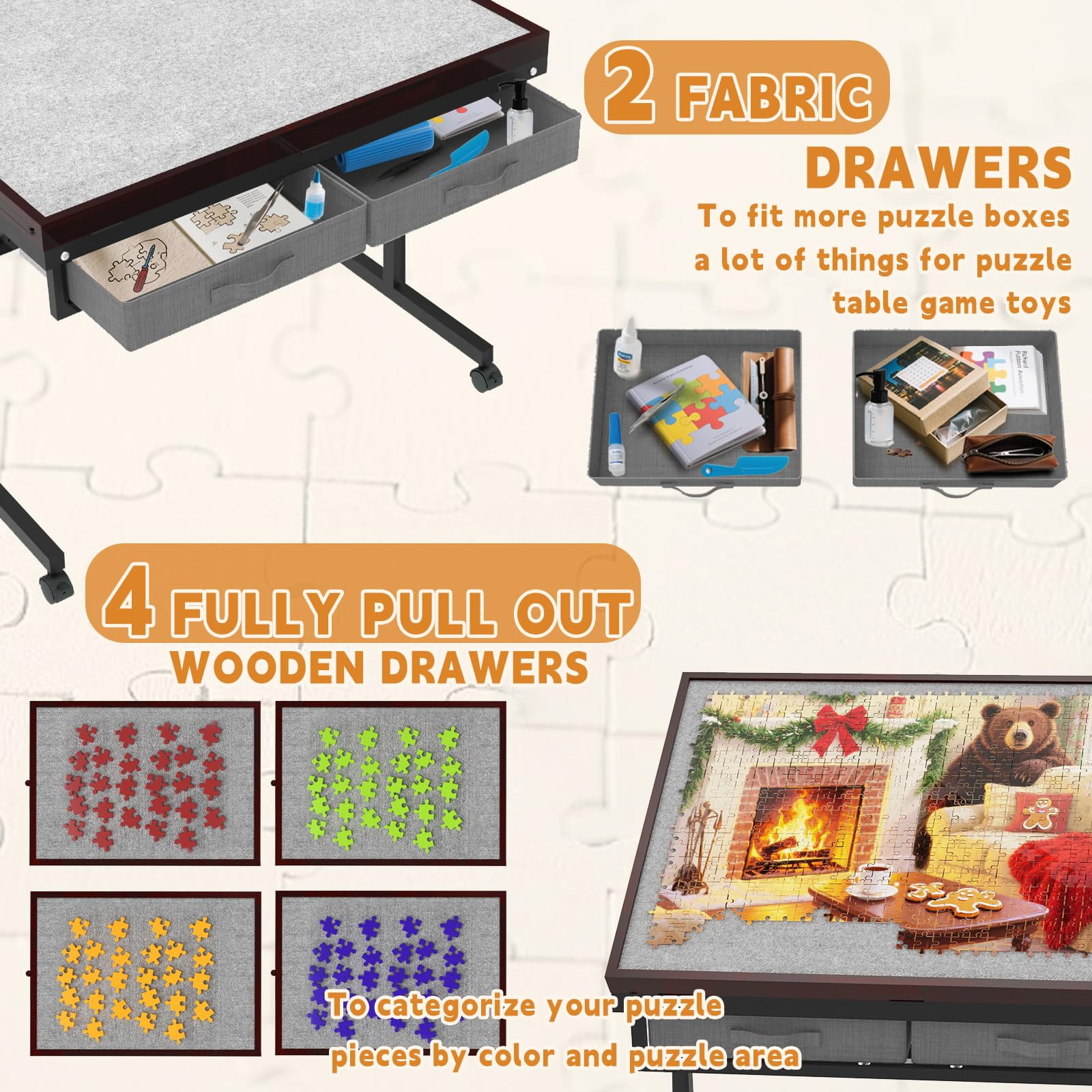 Jigsaw Puzzle Table 1500 Pieces with Drawer and Legs, Five Tilt Angle Adjustable, Portable Puzzle Table for Adults with Protective Cover, Coffee color