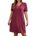 thumbnail image 2 of IUYRTFE Women Solid Color Short Sleeve V Neck Ribbed Dress Casual Loose Fit Summer Mini Dress, 2 of 6