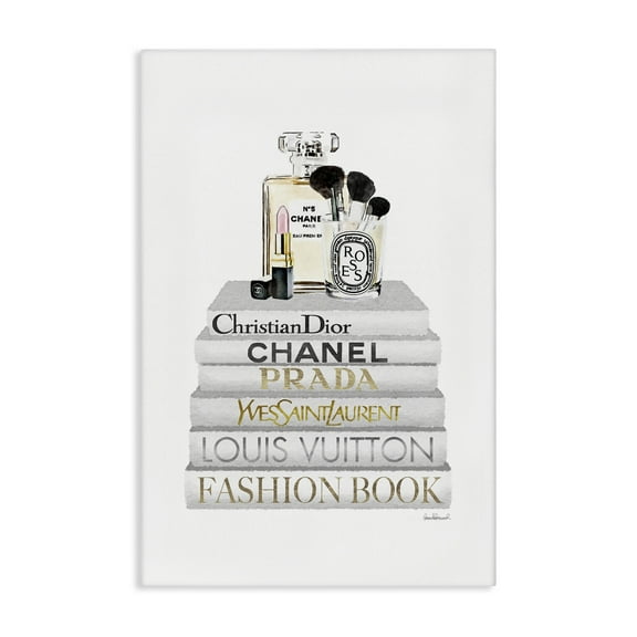 Stupell Industries Neat Bookstack with Makeup Fashion Painting Wrapped Canvas Art Print Wall Art, 16 x 24