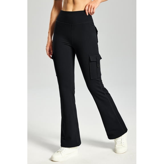 MASKERT Women's Fleece Lined Flare Pants, High Waisted Stretch Casual Pants, Water Resistant Warm Pants with 4 Pockets for Outdoor Travel and Daily Wear