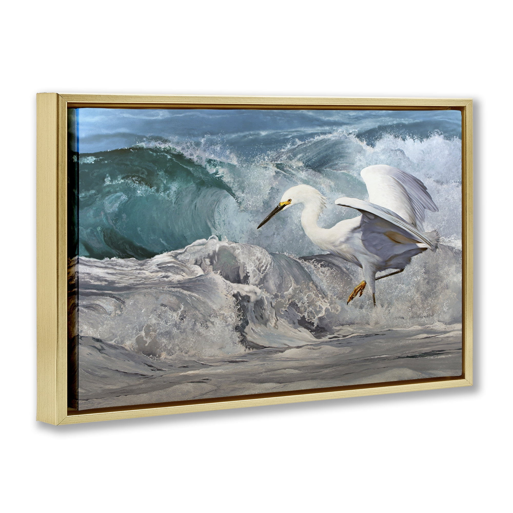 Stupell Industries Wave Dancer Heron Nautical & Beach Painting Gold Floater Framed Canvas Art Print Wall Art, 25 x 17
