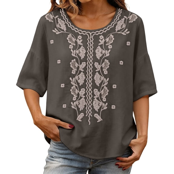 Vinsonshop Women's Cotton Linen Embroidered Tops Short Sleeve Crewneck Boho Floral Blouses Casual Flowy Tunic Peasant Shirts Lightweight Loose Fit Summer Everyday Apparel Dark Gray L
