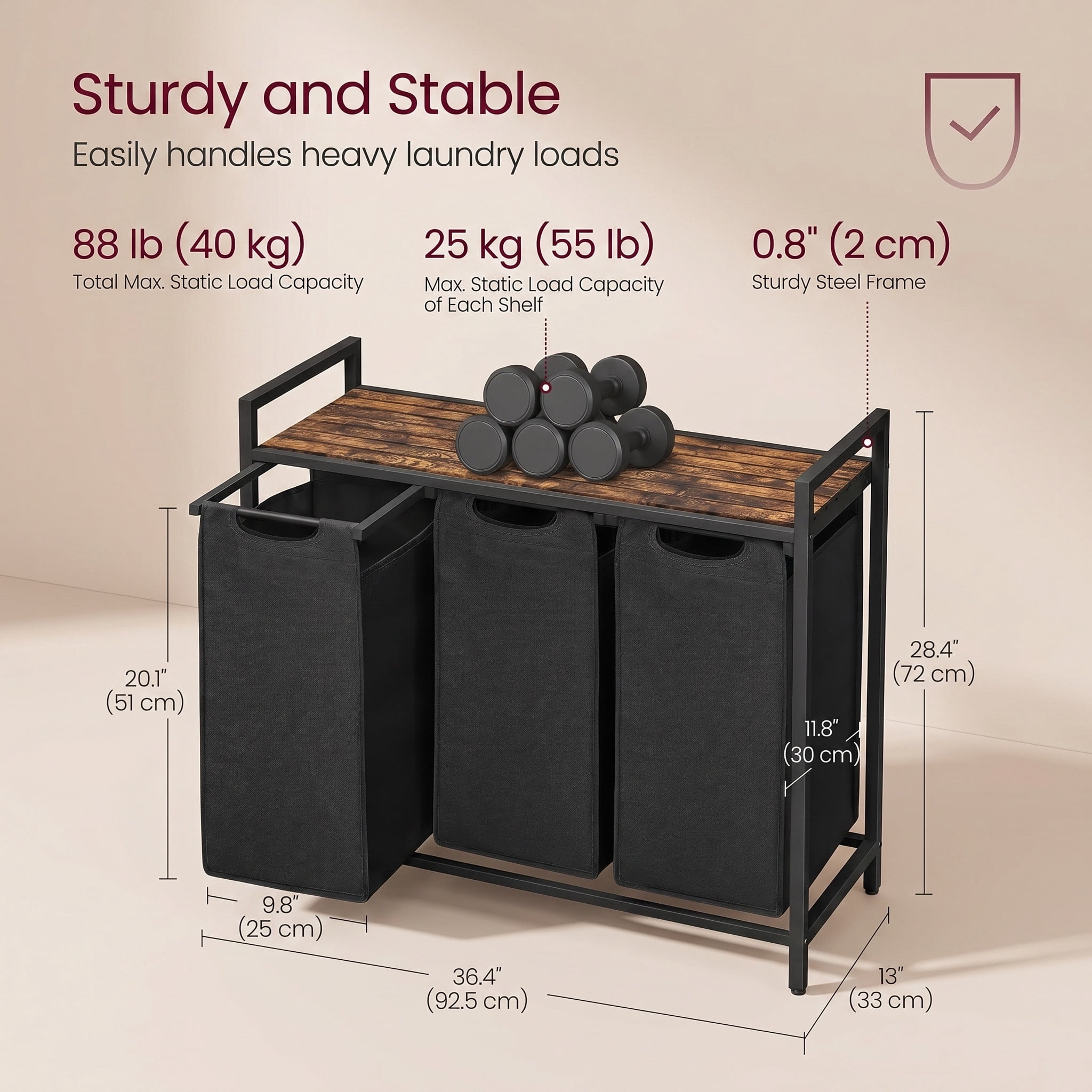 Nordic Hygge 3-Bag Laundry Sorter with Storage Shelf, Ink Black & Rustic Brown