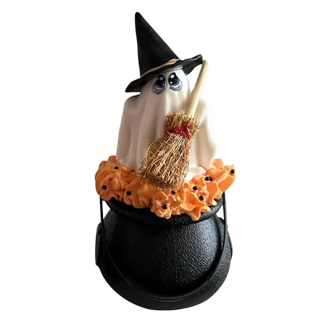 Figura de resina de bruja fantasma sosteniendo una escoba – Decoración de bandeja escalonada de Halloween para interiores y porches cubiertos.