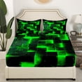 thumbnail image 2 of Black Green Abstract Full Sheets Gradient Square Bed Sheets, Geometry Grid Fitted Sheet Full Neon Checkered Bed Set Glowing Plaid Bedding 3D Modern Bedroom Decor 3pcs (Deep Pocket)，No Top Sheet, 2 of 5