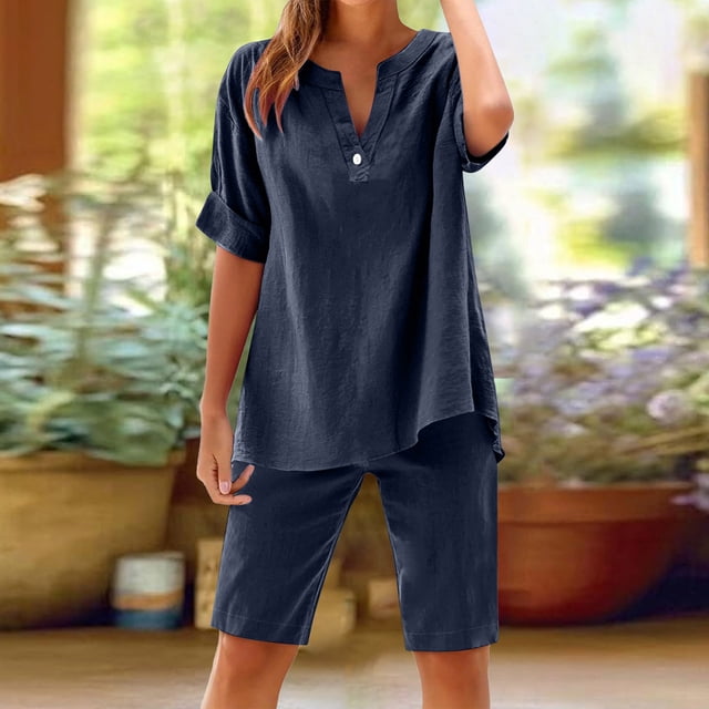 mfyjkho Pantalones Cortos Para Mujer, Conjunto De Dos Piezas De Verano Para Mujer, Con Pantalones Cortos Y Camisa De Manga Corta Y Cuello En V, Informal Pantalones Cortos Casuales Para Mujer M
