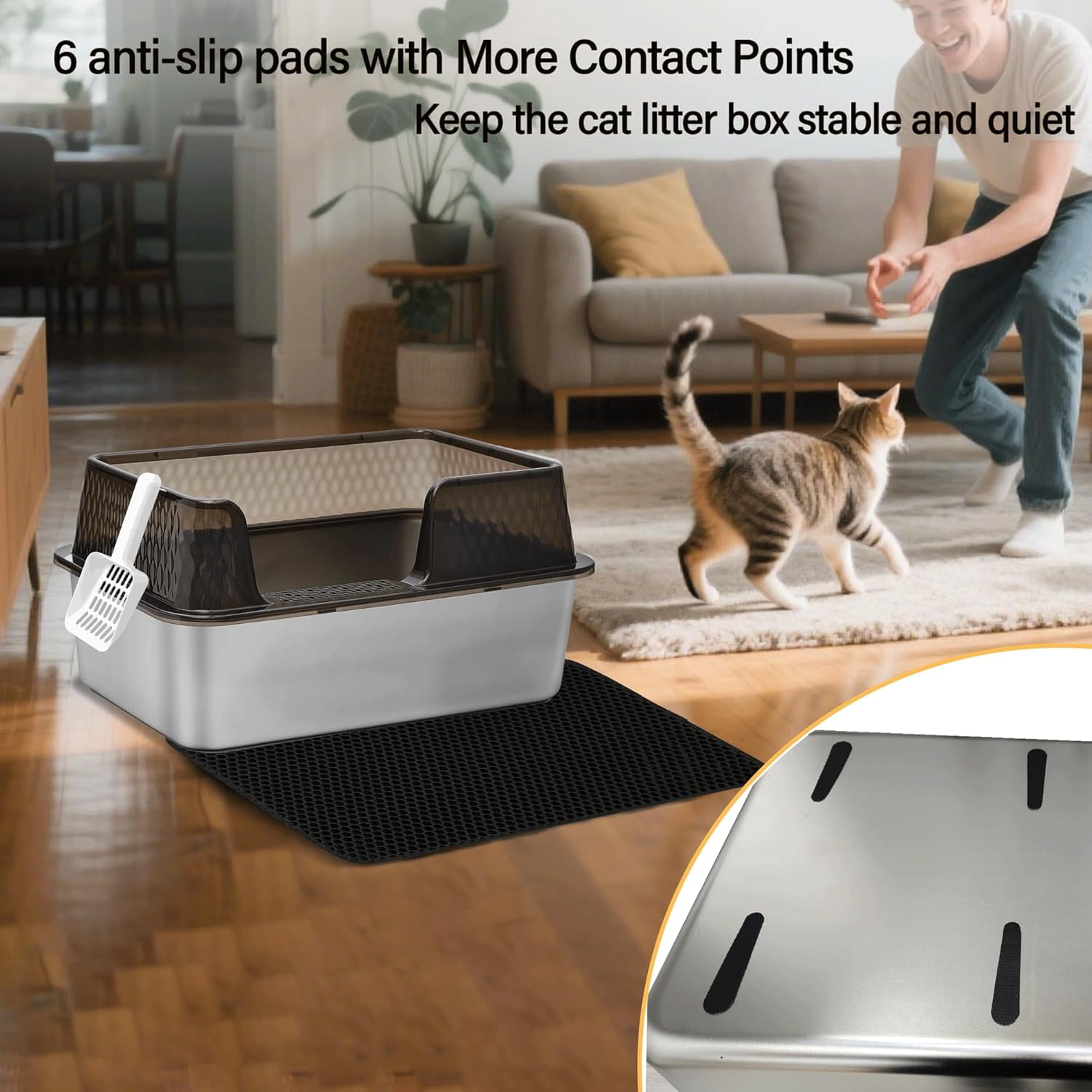 Enclosed High Sided Metal Stainless Steel Cat Litter Box with lid Scoop and Mats for Kittens or Medium Cats, Easy Clean Transparent Black Deep Tall Kitty Litter Box