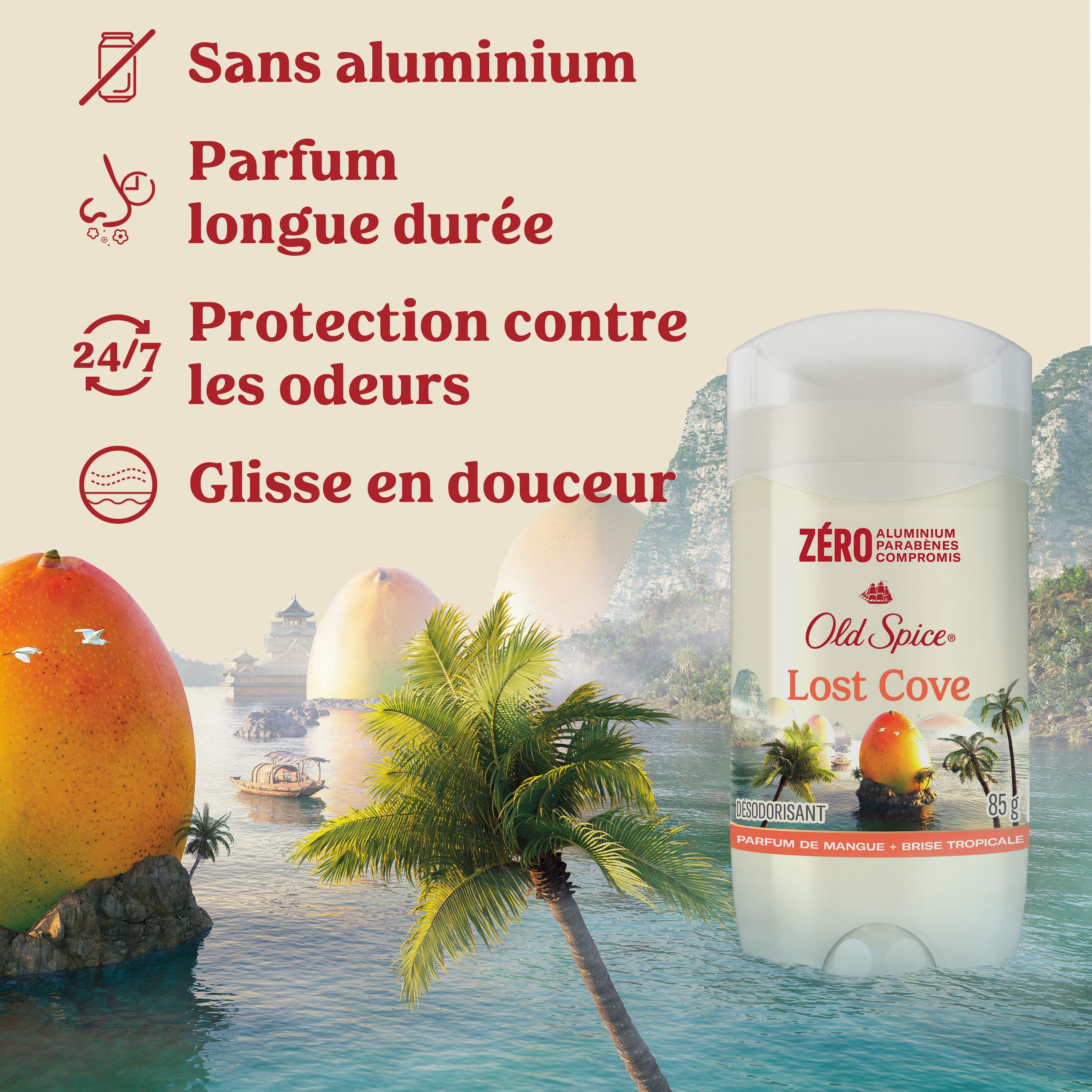 Désodorisant Old Spice pour hommes, Lost Cove, parfum de mangue et brise tropicale, fraîcheur durable 24/7, sans aluminium, 85 g