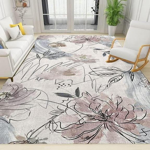 Abstract Water Color Flowers Print Area Rugs, Vintage Black Line Art Large Area Rug, Indoor Non-Slip Kids Washable Breathable Durable Carpet For Front Entrance Floor Decor 4' x 6'